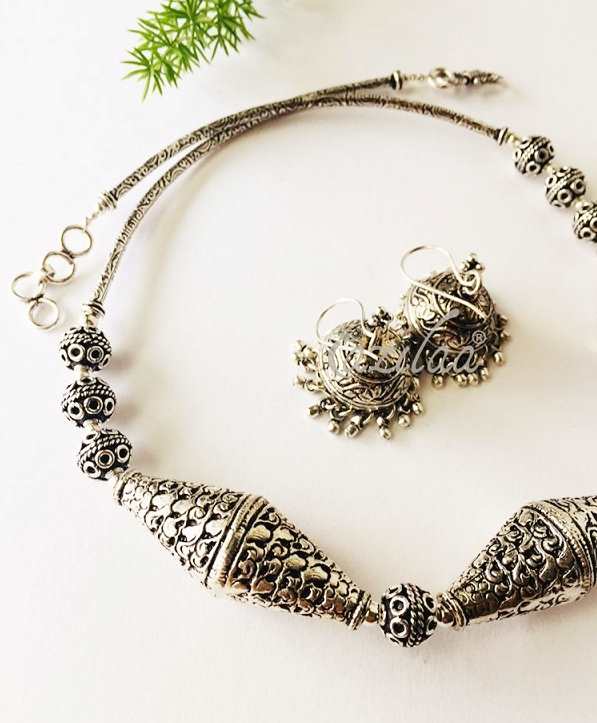 Ethnic boho antique silver tone choker necklace set