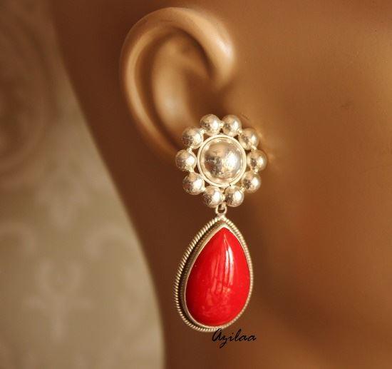 Ethnic designer Red gemstone sterling silver earrings