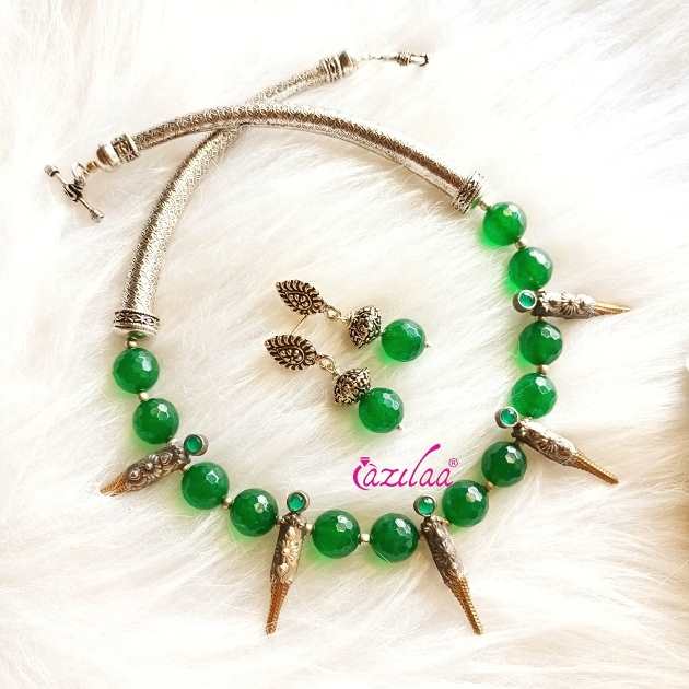 Ethnic dual tone green beaded gemstone necklace set