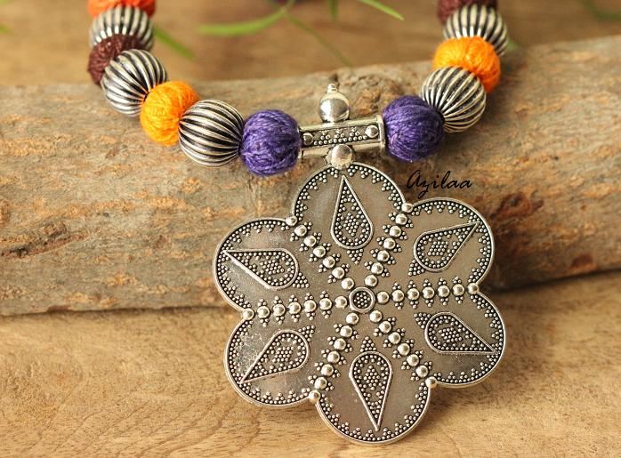 Ethnic flower oxidized silver plated thread handmade necklace set