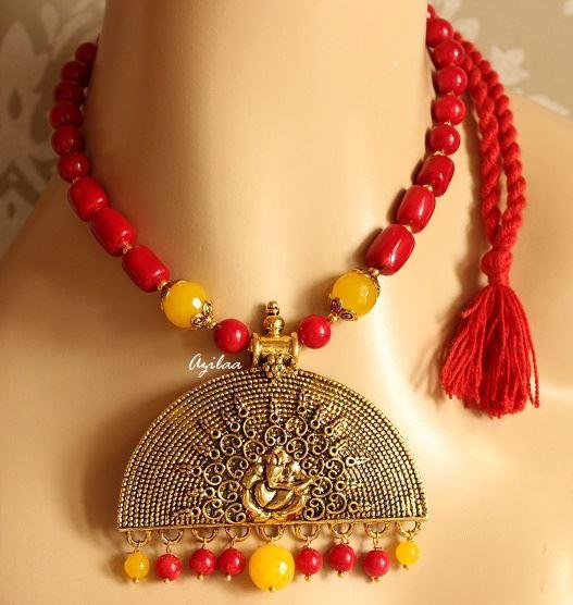 Ethnic ganesha pendant  RED coral designer handmade necklace set