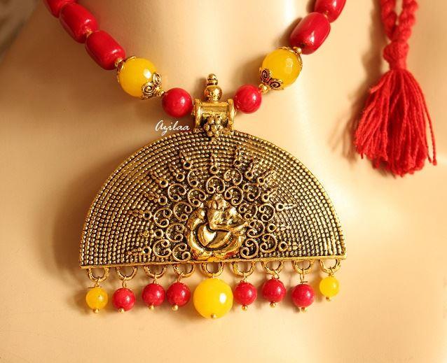 Ethnic ganesha pendant  RED coral designer handmade necklace set