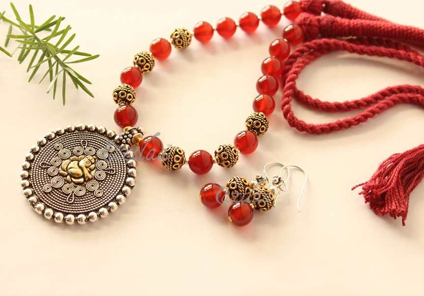 Ethnic ganesha pendant gemstone beaded necklace set