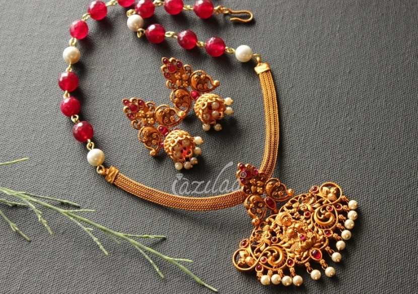 Ethnic goddess  maroon antique golden gemstone choker set