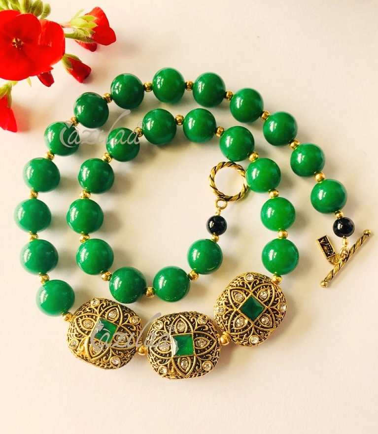 Ethnic green gemstone necklace set,Antique gold tone necklace set