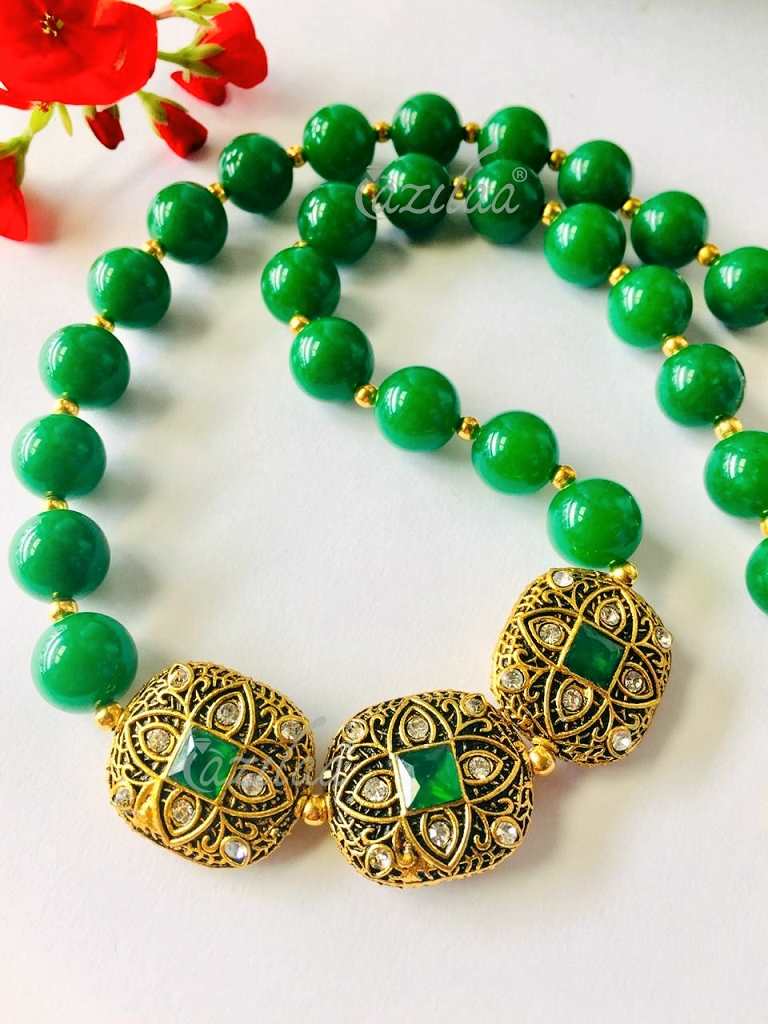 Ethnic green gemstone necklace set,Antique gold tone necklace set