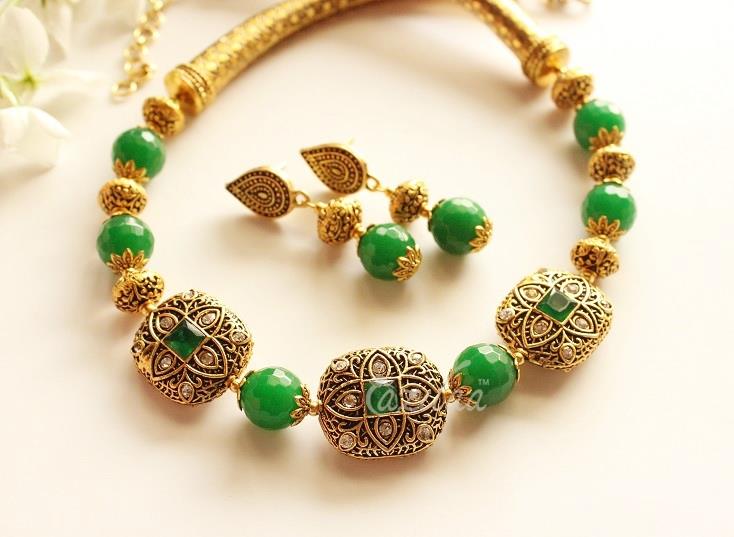 Ethnic green necklace set, Antique gold tone necklace set