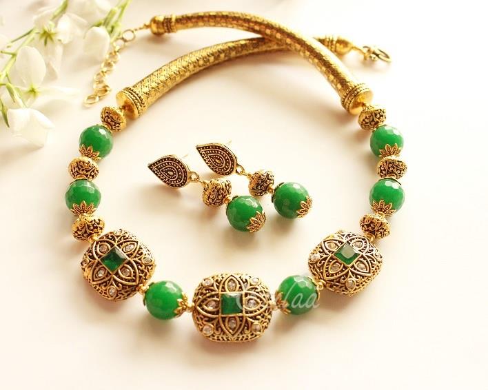 Ethnic green necklace set, Antique gold tone necklace set