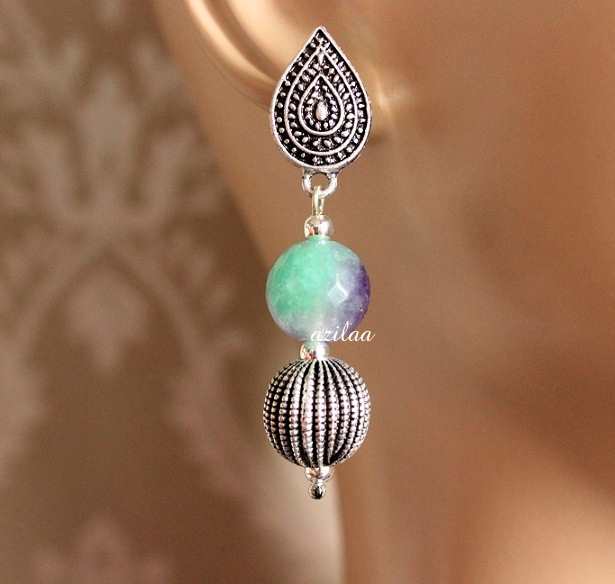 Tribal style purple green beaded gemstone Earrings