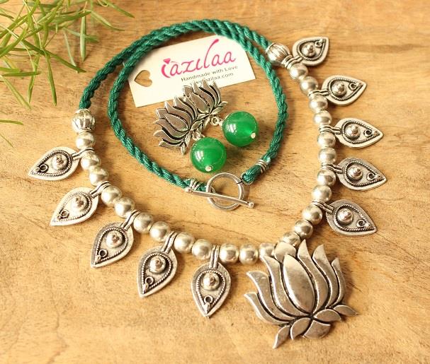 Ethnic lotus green necklace earrings set