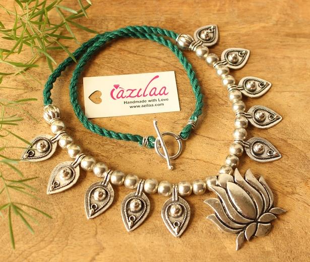 Ethnic lotus green necklace earrings set