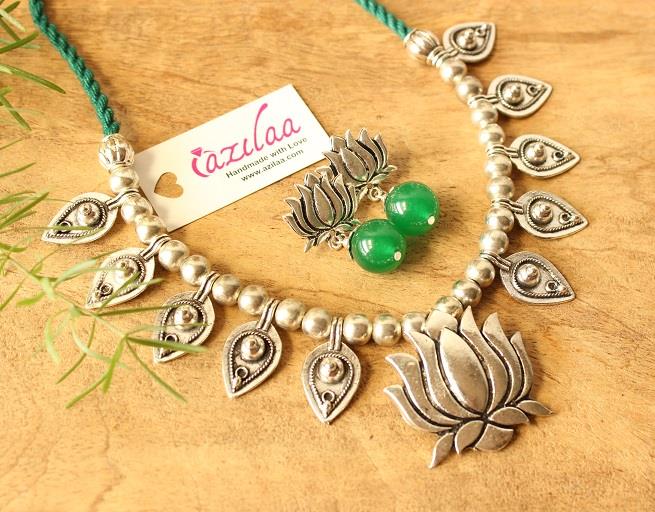 Ethnic lotus green necklace earrings set