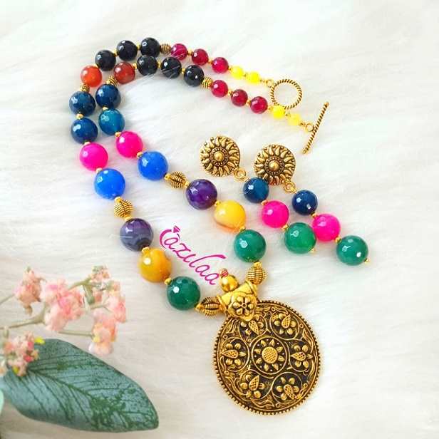 Ethnic multi gemstone designer necklace earrings set