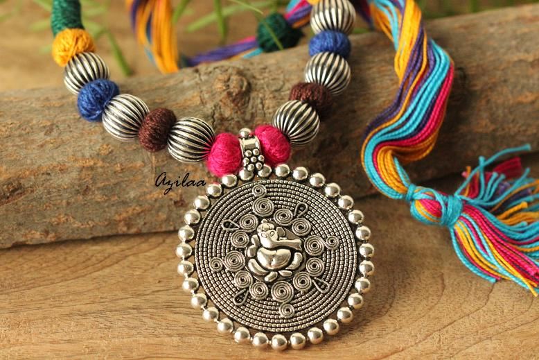 Ethnic Ganesha oxidized silver plated thread handmade necklace 
