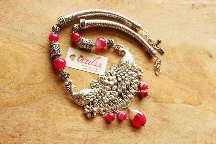 Ethnic peacock PINK necklace earrings set antique silver 