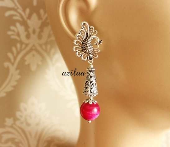 Ethnic peacock PINK necklace earrings set antique silver 