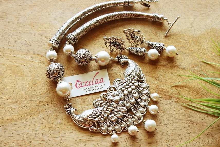 Ethnic peacock pearl necklace earrings set antique silver 