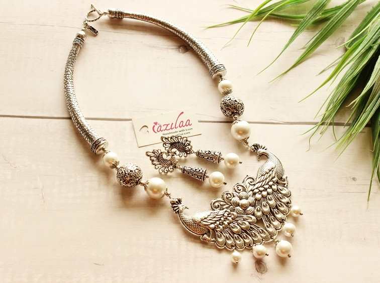Ethnic peacock pearl necklace earrings set antique silver 