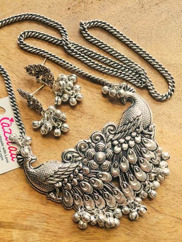 Ethnic peacock silver pendant chain necklace earrings set