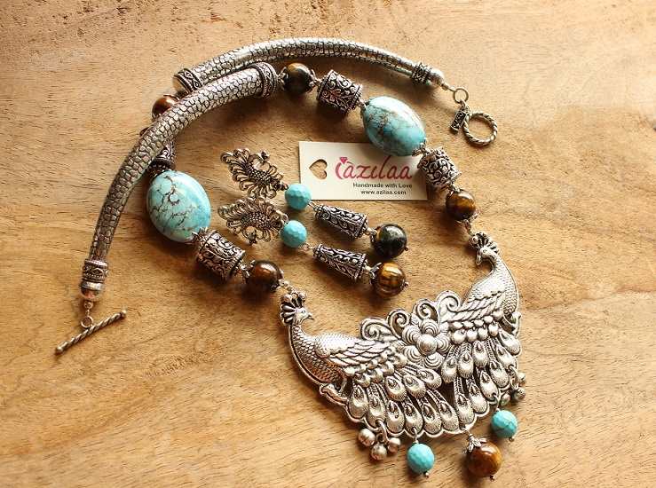 Ethnic peacock turquoise tiger eye gemstone necklace  set 