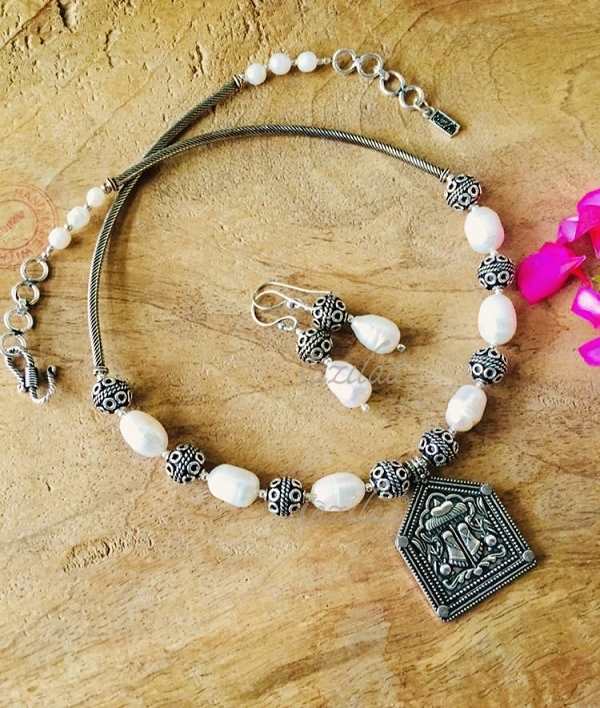 Ethnic pearl beaded handmade Gemstone Necklace earring set