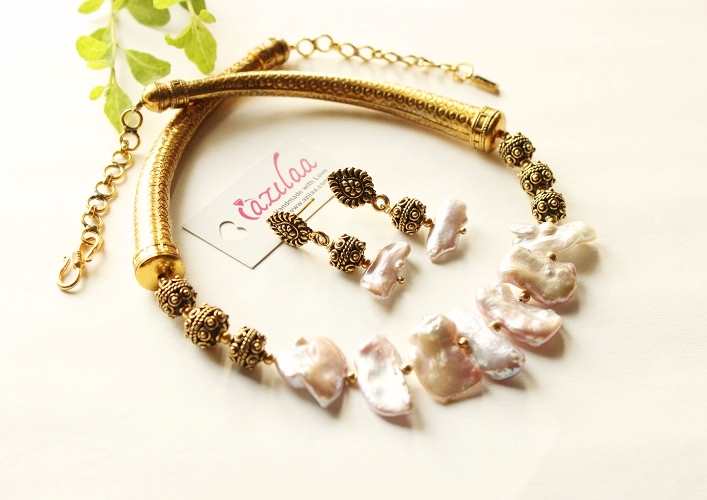 OOAK pearl choker beaded antique golden necklace earrings set