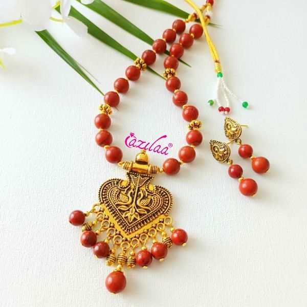 Ethnic red jasper designer golden necklace earrings set