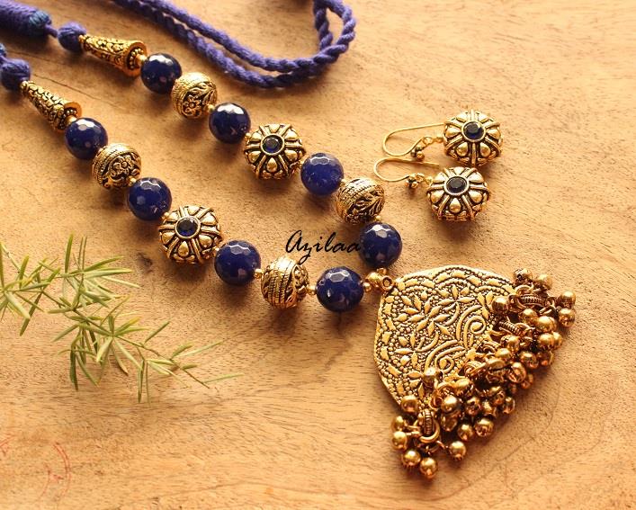 Ethnic necklace set, Antique Gold tone blue beaded necklace set