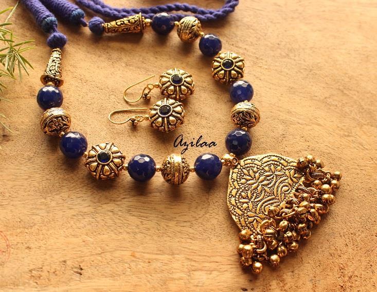 Ethnic necklace set, Antique Gold tone blue beaded necklace set
