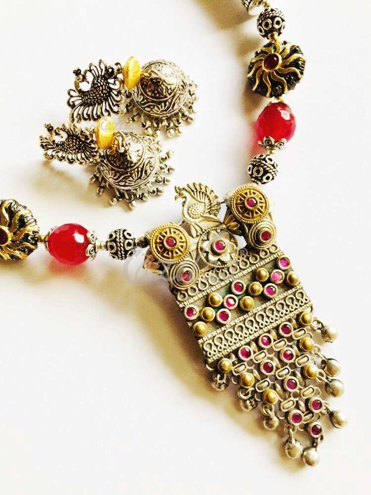 Ethnic statement antique style gemstone handmade necklace set