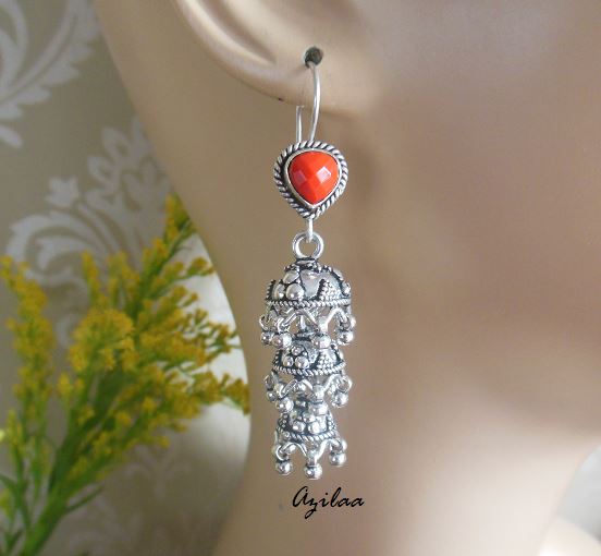 Ethnic sterling silver Artisan red coral gemstone earrings