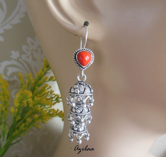 Ethnic sterling silver Artisan red coral gemstone earrings