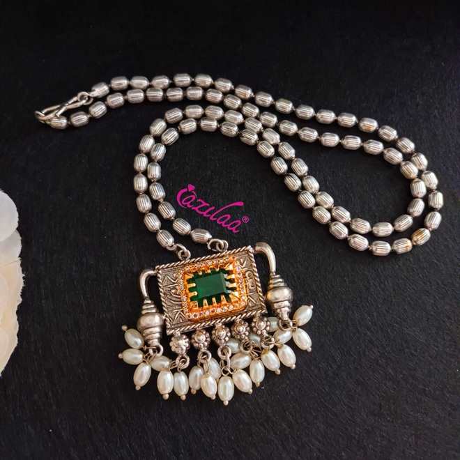 Ethnic style Green Navratri antique silver plated pendant
