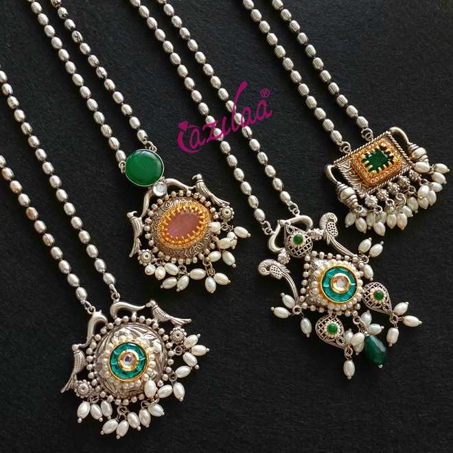Ethnic style Green Navratri antique silver plated pendant