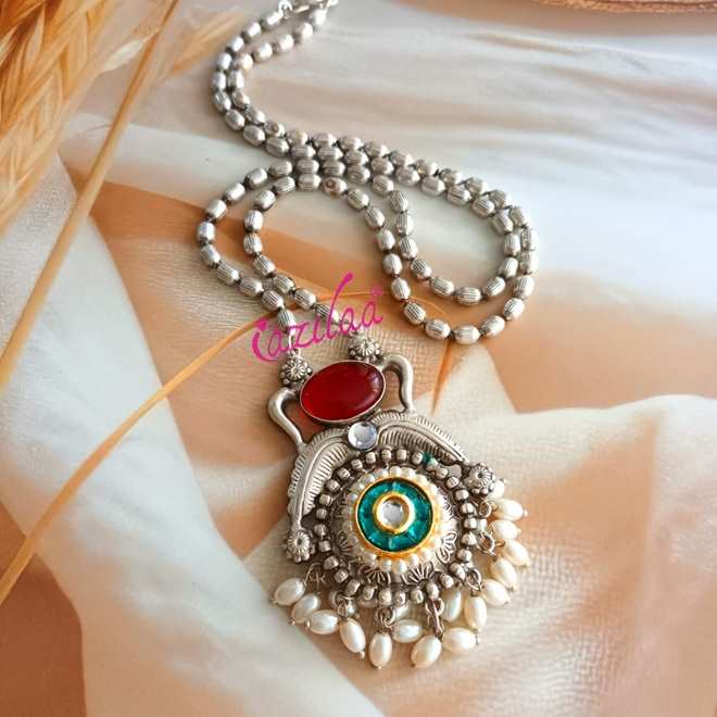 Ethnic style Navratri antique silver plated pendant