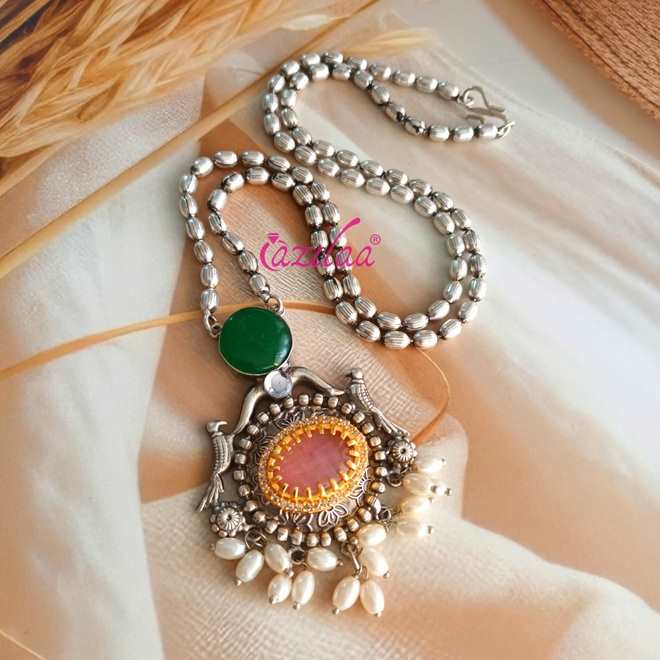 Ethnic style Navratri antique silver plated pendant