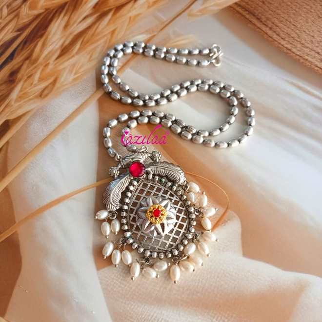 Ethnic style Navratri antique silver plated pendant