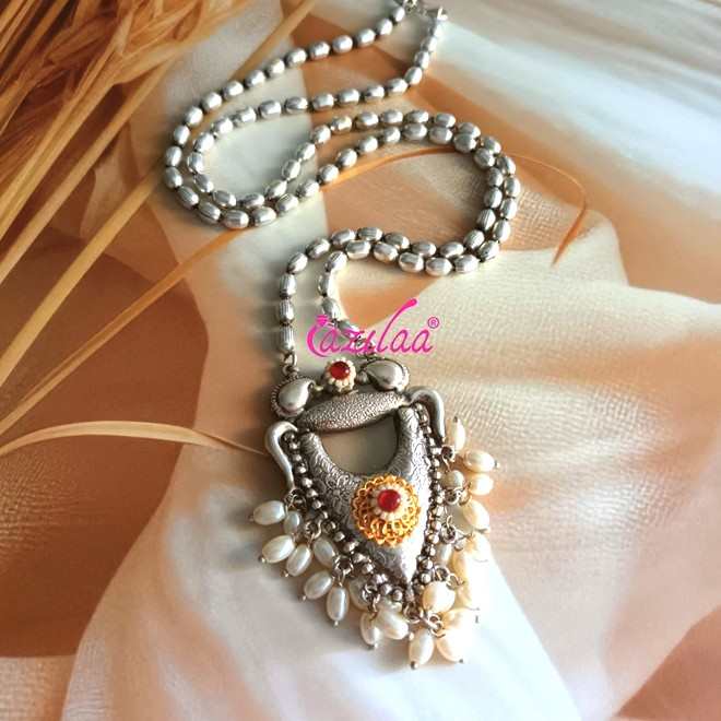 Ethnic style Navratri antique silver plated pendant