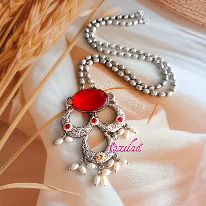 Ethnic style Red Navratri antique silver plated pendant