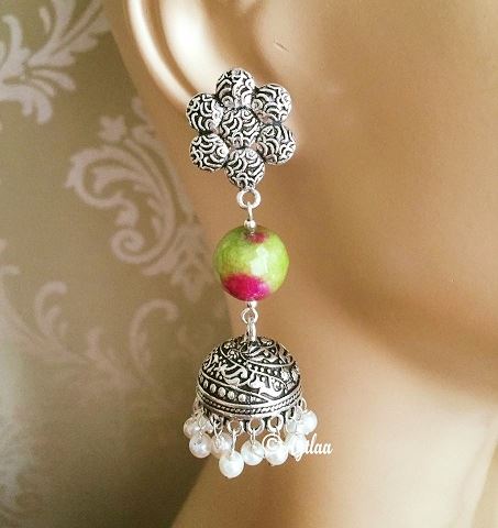 Ethnic tassel agate dangler gemstone silver earrings