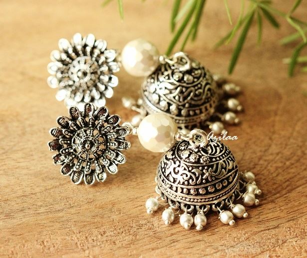 Ethnic tassel pearl dangler gemstone silver earrings