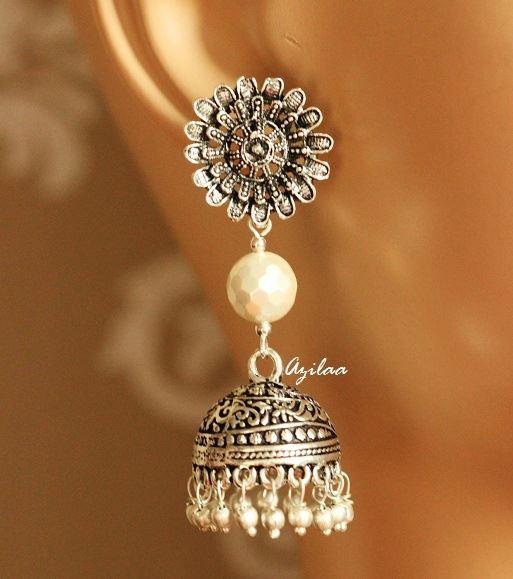 Ethnic tassel pearl dangler gemstone silver earrings