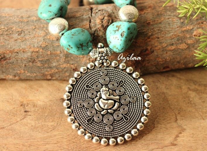 Ethnic turquoise Ganesha gemstone artisan handmade necklace 