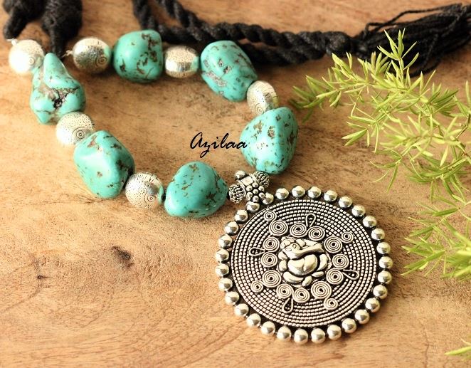 Ethnic turquoise Ganesha gemstone artisan handmade necklace 