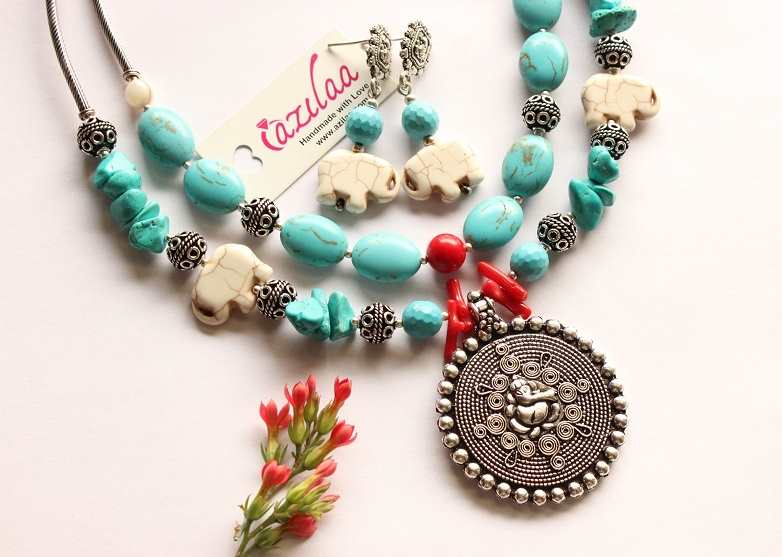 Ethnic turquoise blue Ganesha antique silver tone gemstone set