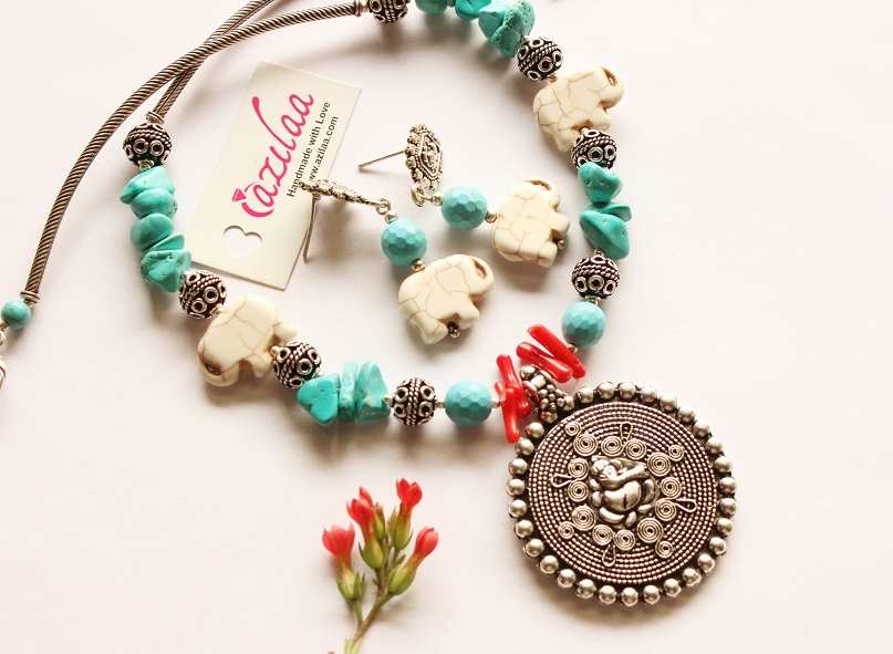 Ethnic turquoise blue Ganesha antique silver tone gemstone set