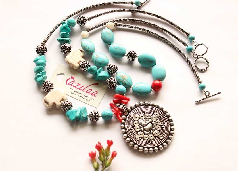 Ethnic turquoise blue Ganesha antique silver tone gemstone set