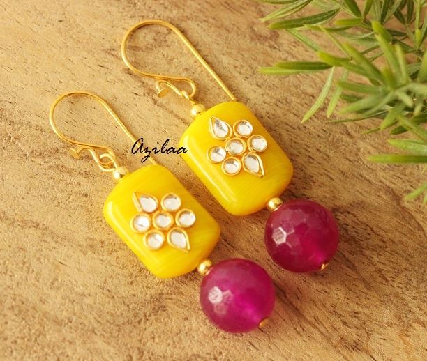 Ethnic yellow purple gold plated handmade earrings