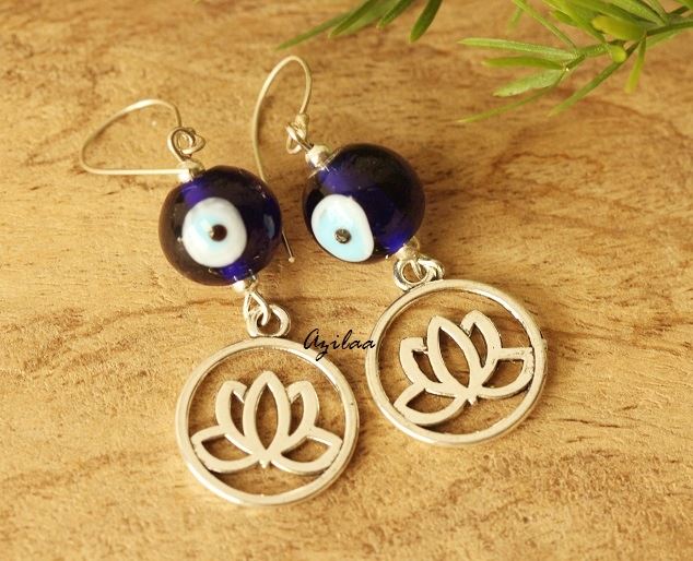 Evil eye lotus Flower charm silver earrings