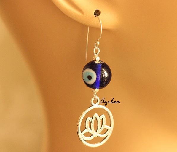 Evil eye lotus Flower charm silver earrings